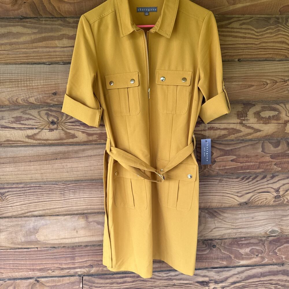 Sharagano Women's Mustard Yellow Safari Shirt Dress Belted Utility Pockets 6 j19